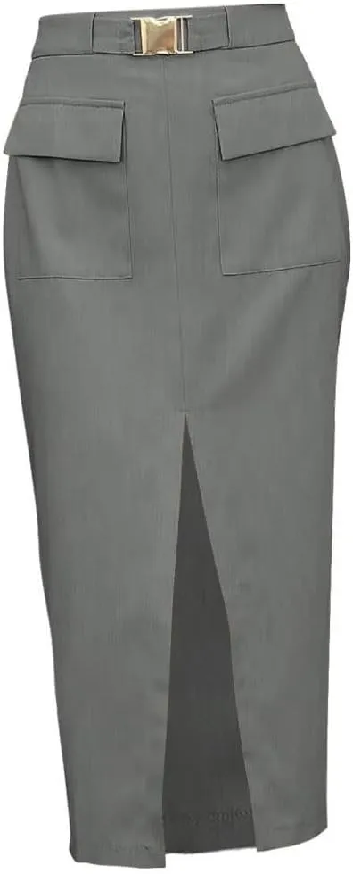 FMCHICO Women High Waisted Cargo Midi Skirt Trendy Summer Fall Pencil Slit Dressy Casual Business Work Skirts with Pockets