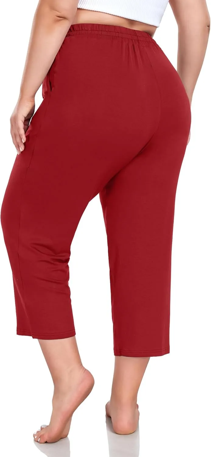 FOREYOND Plus Size Capri Pants for Women Loose Fit Yoga Pants Wide Leg Drawstring Sweat Pants Active Casual with Pockets