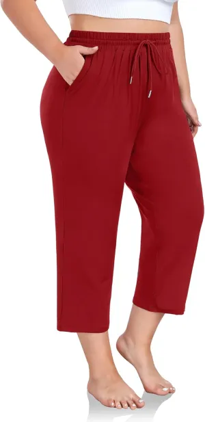FOREYOND Plus Size Capri Pants for Women Loose Fit Yoga Pants Wide Leg Drawstring Sweat Pants Active Casual with Pockets