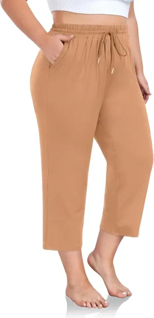 FOREYOND Plus Size Capri Pants for Women Loose Fit Yoga Pants Wide Leg Drawstring Sweat Pants Active Casual with Pockets