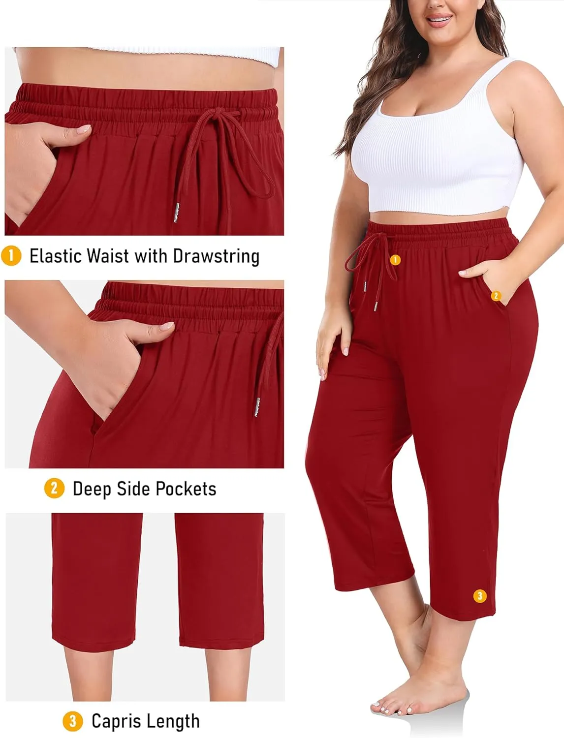 FOREYOND Plus Size Capri Pants for Women Loose Fit Yoga Pants Wide Leg Drawstring Sweat Pants Active Casual with Pockets