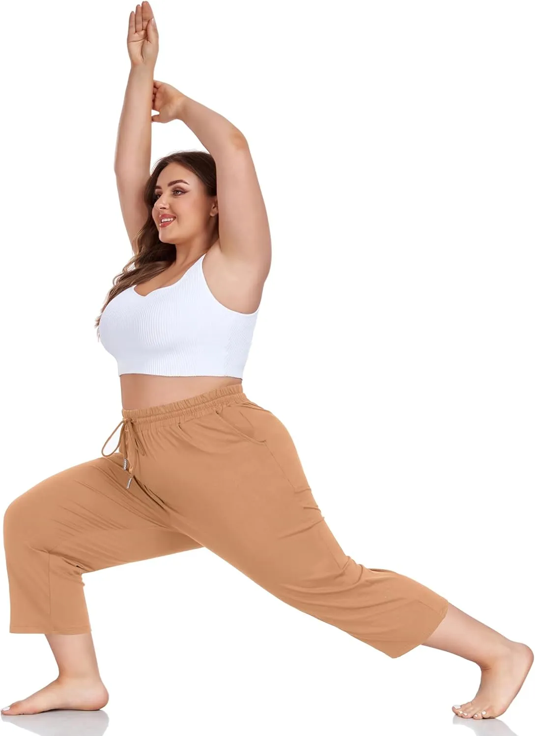 FOREYOND Plus Size Capri Pants for Women Loose Fit Yoga Pants Wide Leg Drawstring Sweat Pants Active Casual with Pockets