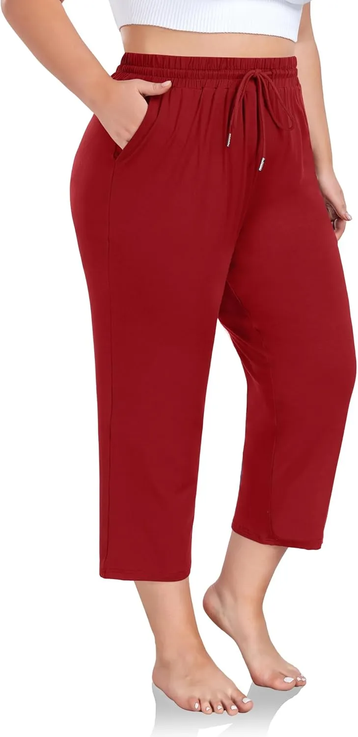 FOREYOND Plus Size Capri Pants for Women Loose Fit Yoga Pants Wide Leg Drawstring Sweat Pants Active Casual with Pockets