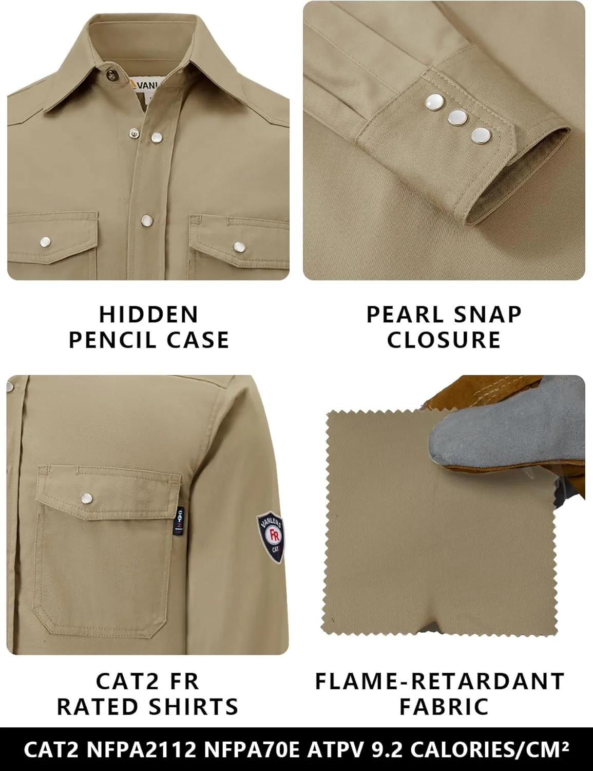FR Shirts for Men 6.5OZ Welding Shirt Pearl Snap Light Weight Flame Resistant Shirts CAT2/NFPA2112
