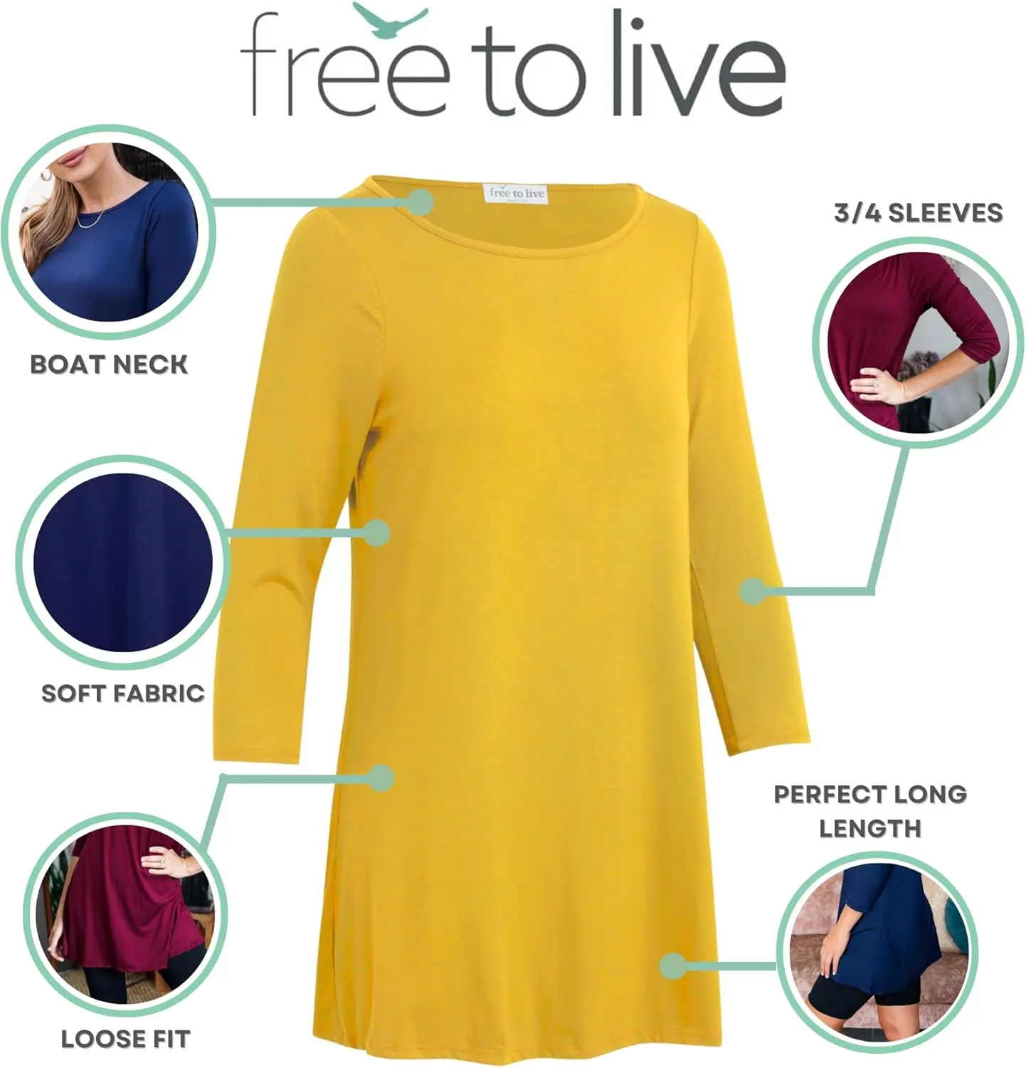 Free to Live 3 Pack 3/4 Sleeve Tunic Tops for Women Casual Long Shirts Loose Fit Dressy to Wear with Leggings Travel Clothes