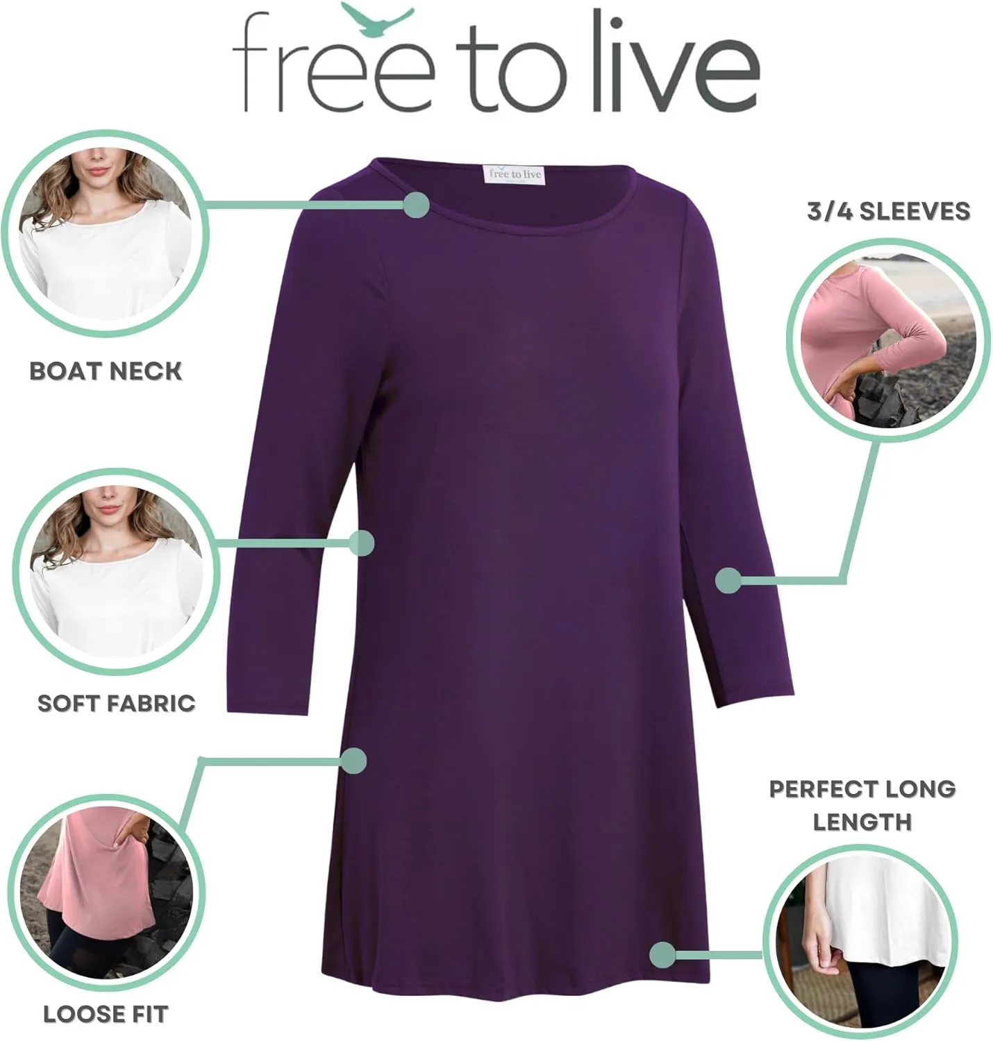 Free to Live 3 Pack 3/4 Sleeve Tunic Tops for Women Casual Long Shirts Loose Fit Dressy to Wear with Leggings Travel Clothes