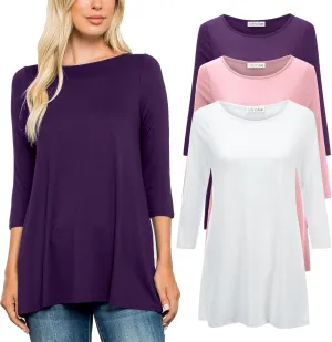 Free to Live 3 Pack 3/4 Sleeve Tunic Tops for Women Casual Long Shirts Loose Fit Dressy to Wear with Leggings Travel Clothes