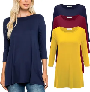 Free to Live 3 Pack 3/4 Sleeve Tunic Tops for Women Casual Long Shirts Loose Fit Dressy to Wear with Leggings Travel Clothes