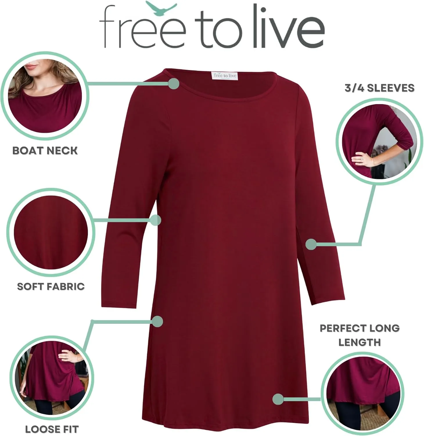 Free to Live 3 Pack 3/4 Sleeve Tunic Tops for Women Casual Long Shirts Loose Fit Dressy to Wear with Leggings Travel Clothes