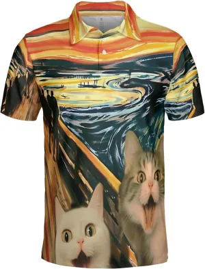 Funny Cat Polo Shirts for Men - Galaxy Cat Mens Quick Dry Short Sleeve Polo Shirts Series 16