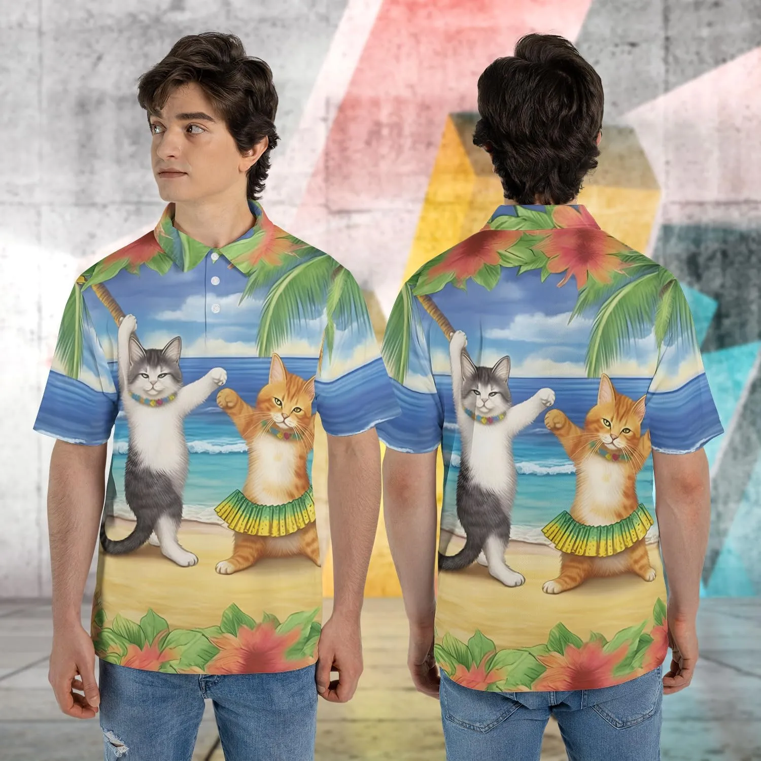 Funny Cat Polo Shirts for Men - Galaxy Cat Mens Quick Dry Short Sleeve Polo Shirts Series 16