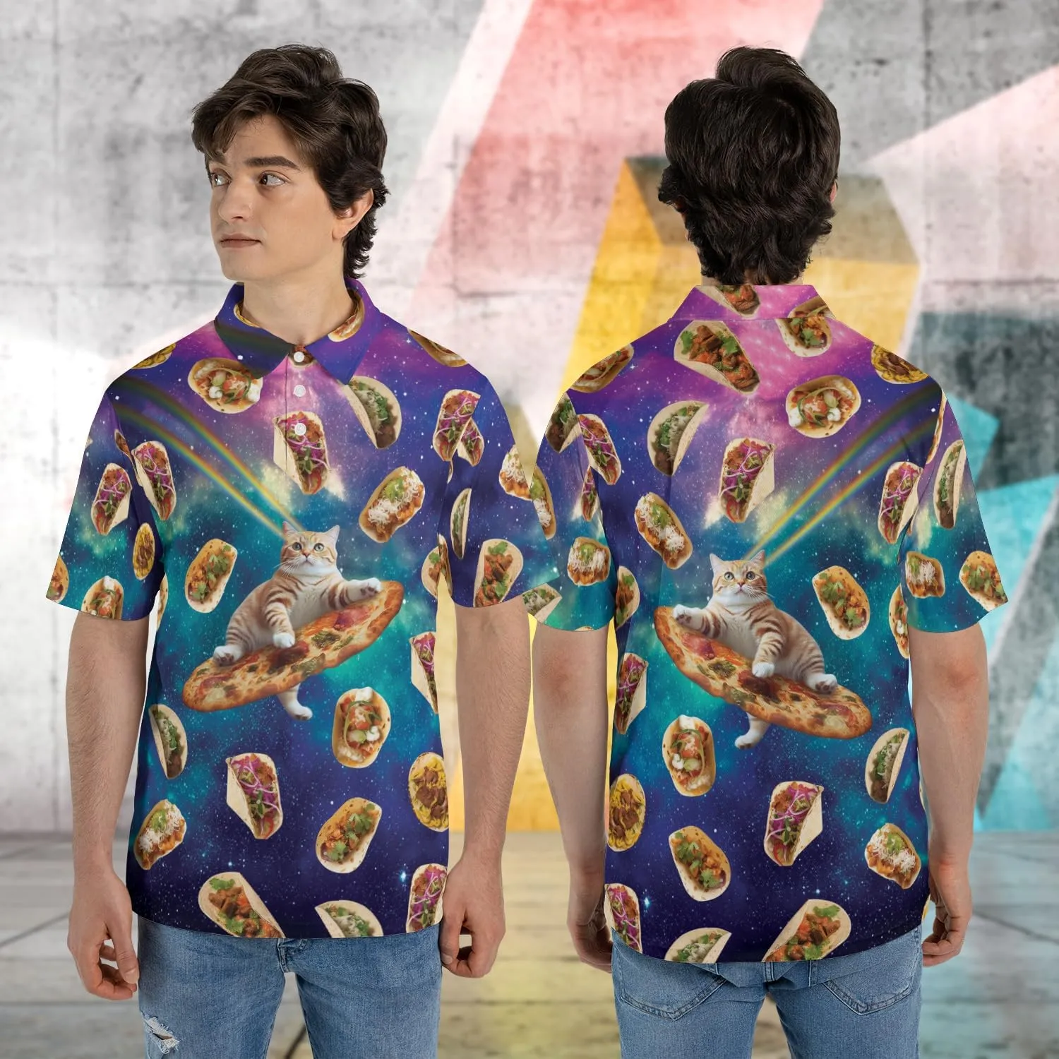 Funny Cat Polo Shirts for Men - Galaxy Cat Mens Quick Dry Short Sleeve Polo Shirts Series 27
