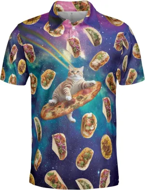 Funny Cat Polo Shirts for Men - Galaxy Cat Mens Quick Dry Short Sleeve Polo Shirts Series 27