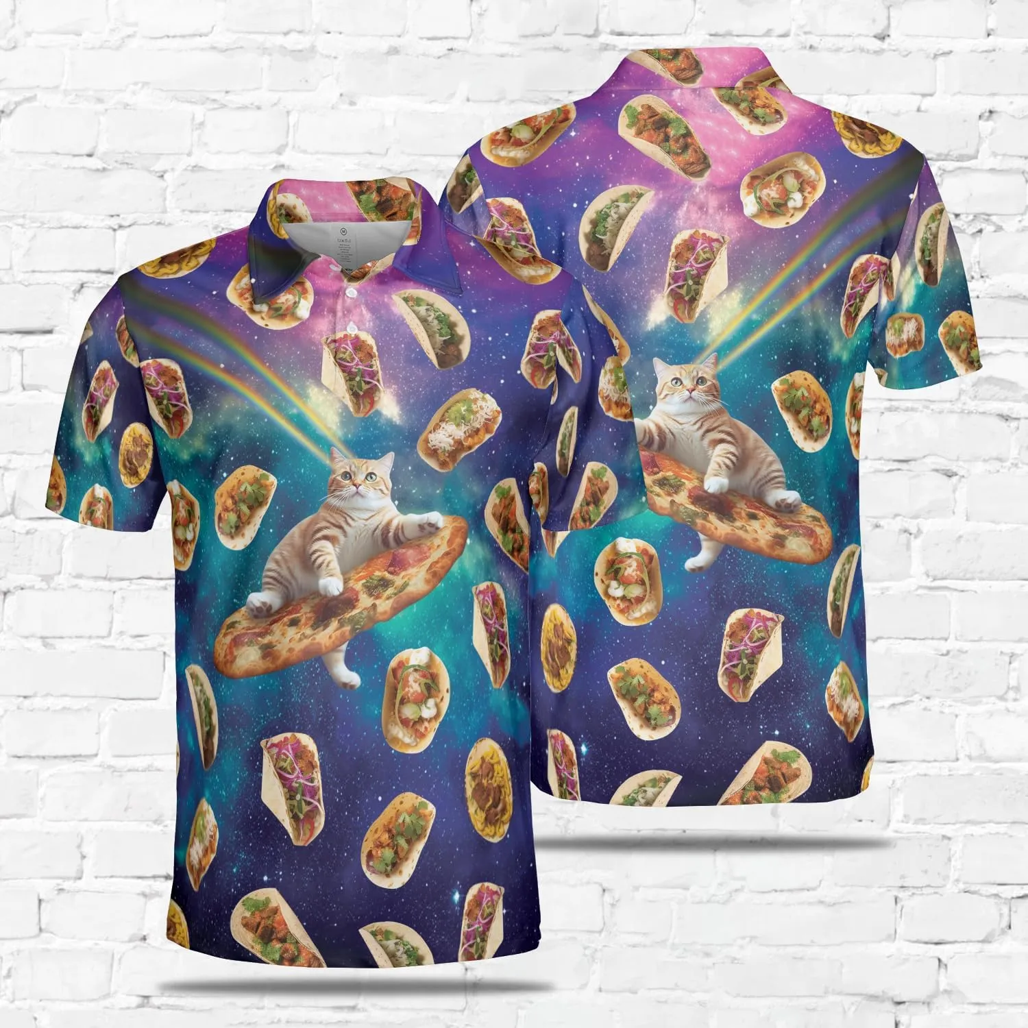 Funny Cat Polo Shirts for Men - Galaxy Cat Mens Quick Dry Short Sleeve Polo Shirts Series 27