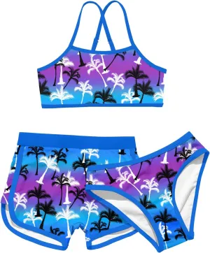 Funnycokid Girls Swimsuit 3 Piece Hawaii Bathing Suit Bikini Set with Shorts Swimwear 7-14 Years
