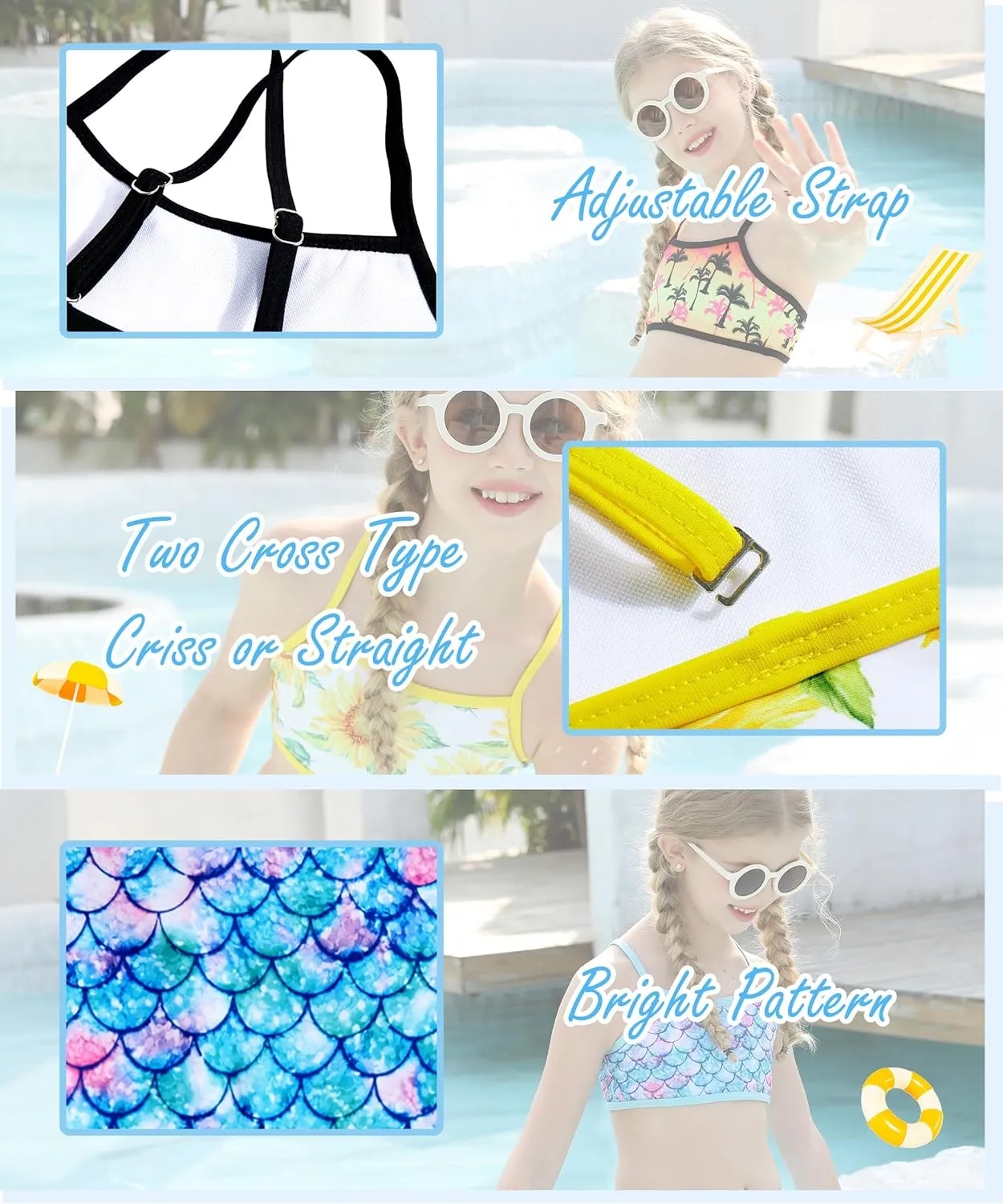 Funnycokid Girls Swimsuit 3 Piece Hawaii Bathing Suit Bikini Set with Shorts Swimwear 7-14 Years