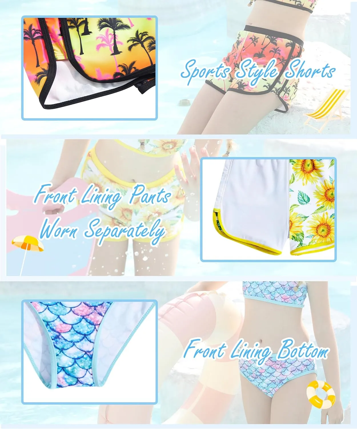 Funnycokid Girls Swimsuit 3 Piece Hawaii Bathing Suit Bikini Set with Shorts Swimwear 7-14 Years