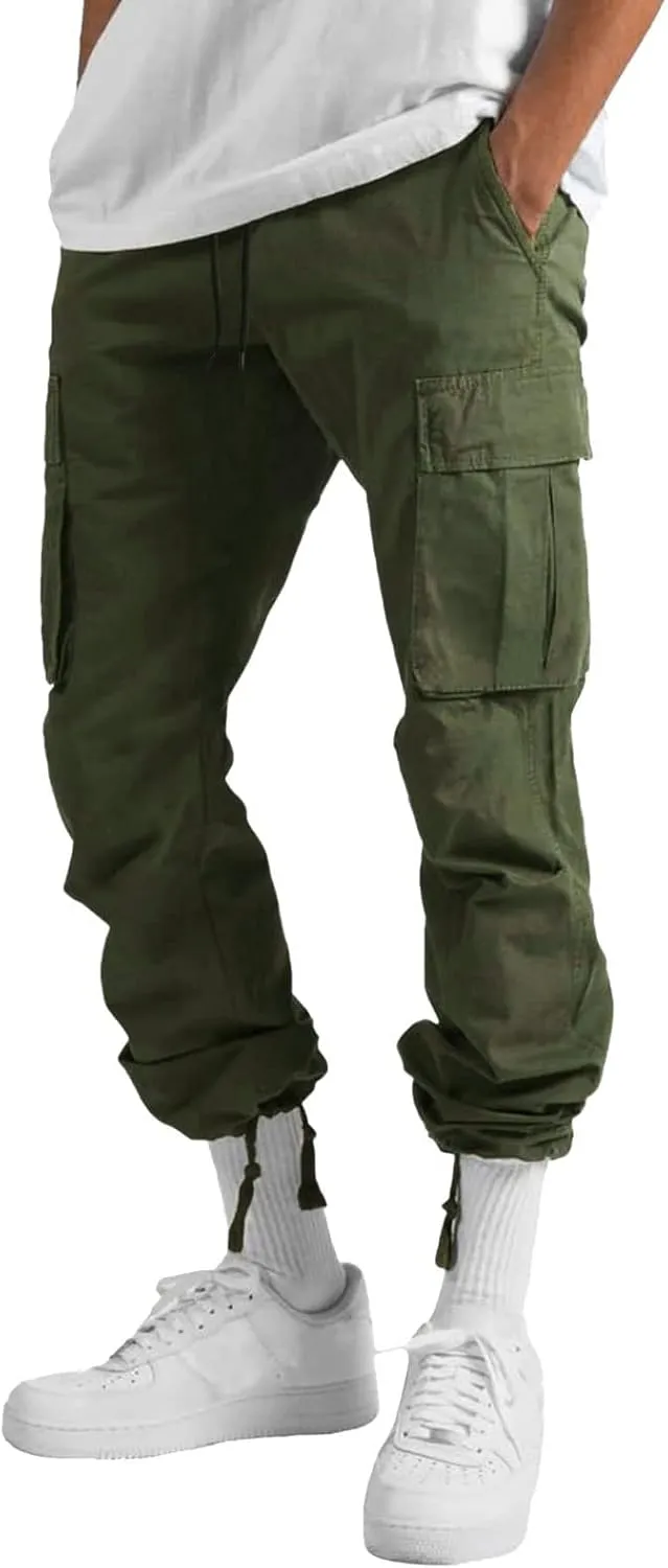 FZVYD 2023 Men Cargo Pants Drawstring Casual Elastic Drawstring Cargo Pants Lightweight Relaxed Fit Cotton Workout Sweatpants
