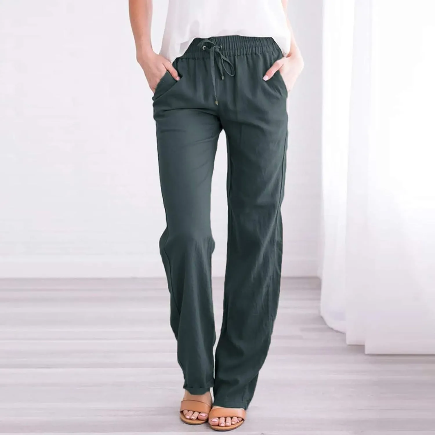 FZVYD Cotton Linen Women's Casual Pants Wide Leg Elastic Drawstring Low Waist Loose Comfy Baggy Long Trousers with Pockets
