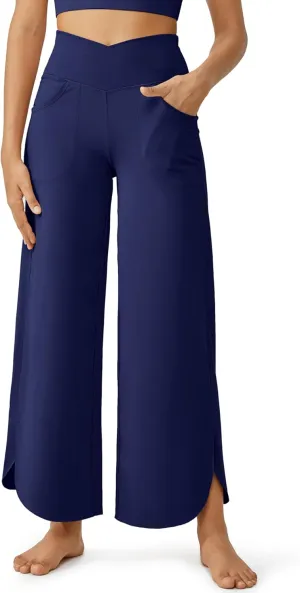 G4Free Wide Leg Pants for Women 29'' Loose Yoga Capri Pants Cross High Waist Dance Palazzo Casual Pants with Pockets