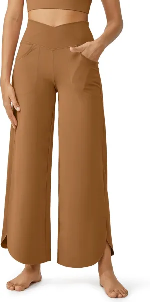 G4Free Wide Leg Pants for Women 29'' Loose Yoga Capri Pants Cross High Waist Dance Palazzo Casual Pants with Pockets