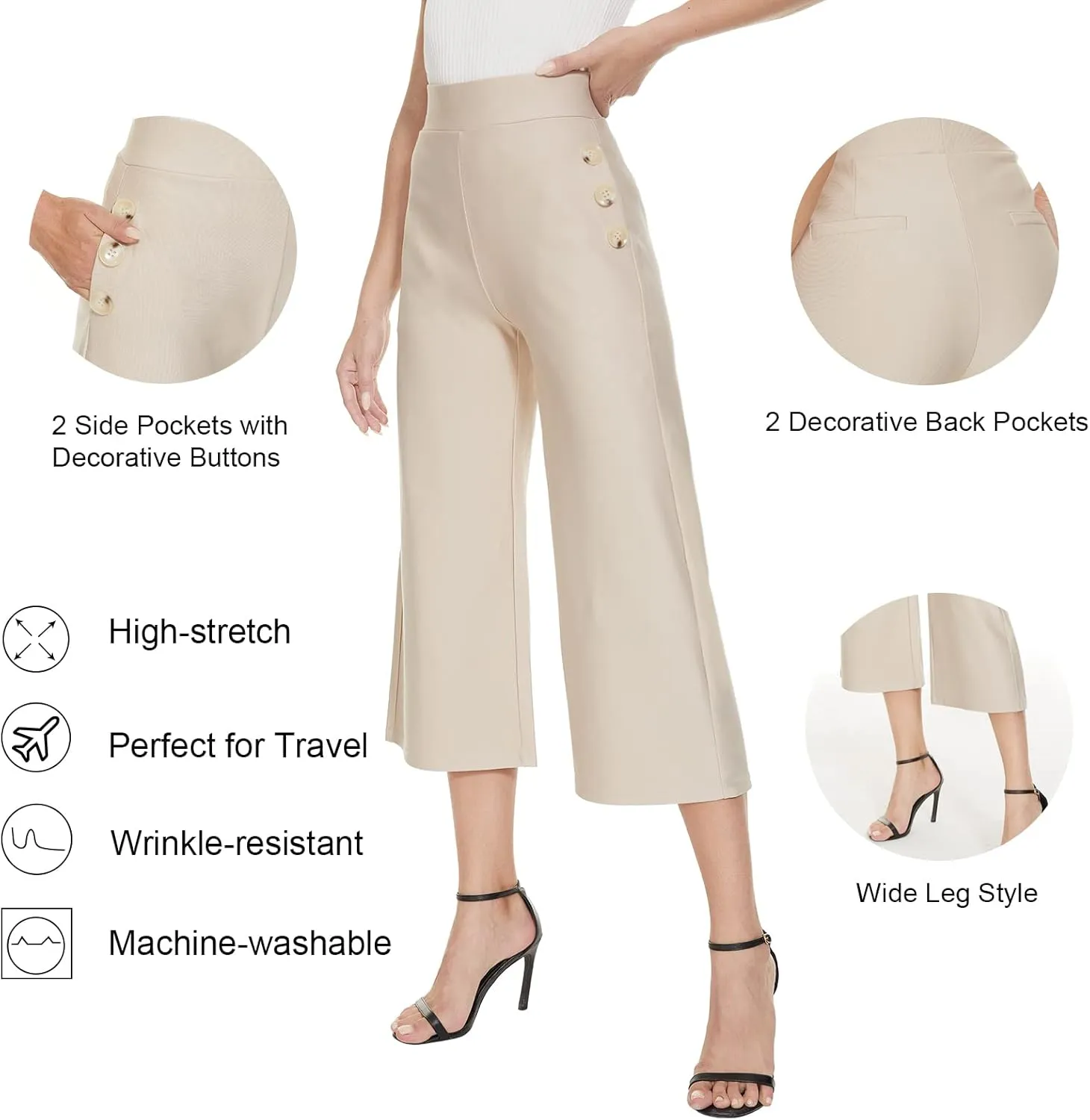 Ginasy Black Wide Leg Pants for Women Business Casual Dress Pants Stretch High Waist Crop Capris Culotte