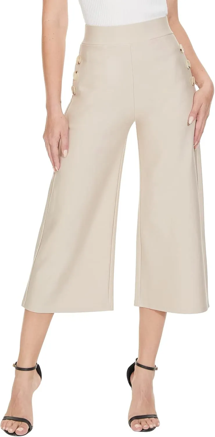 Ginasy Black Wide Leg Pants for Women Business Casual Dress Pants Stretch High Waist Crop Capris Culotte