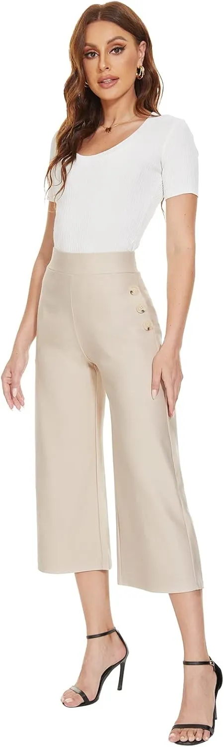 Ginasy Black Wide Leg Pants for Women Business Casual Dress Pants Stretch High Waist Crop Capris Culotte