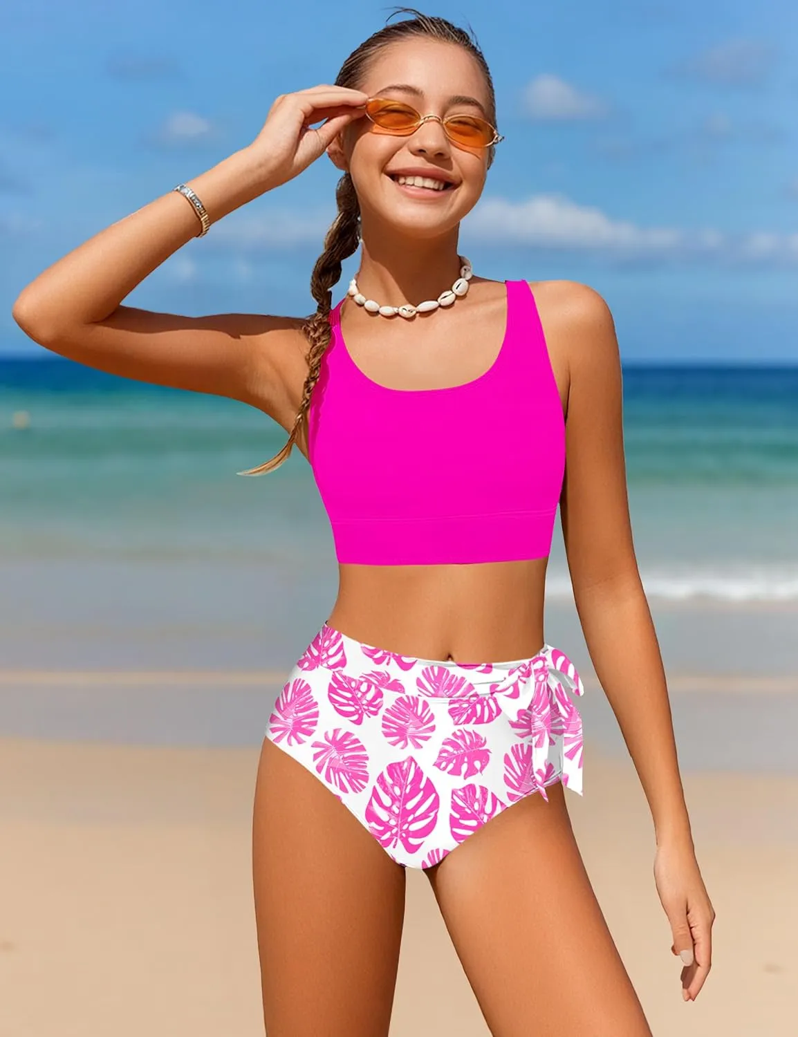 Girl Swimsuit Bikini Set Tropical Print Bathing Suit Two Piece Girls' Swimwear with Tie Side Knot 9-16T