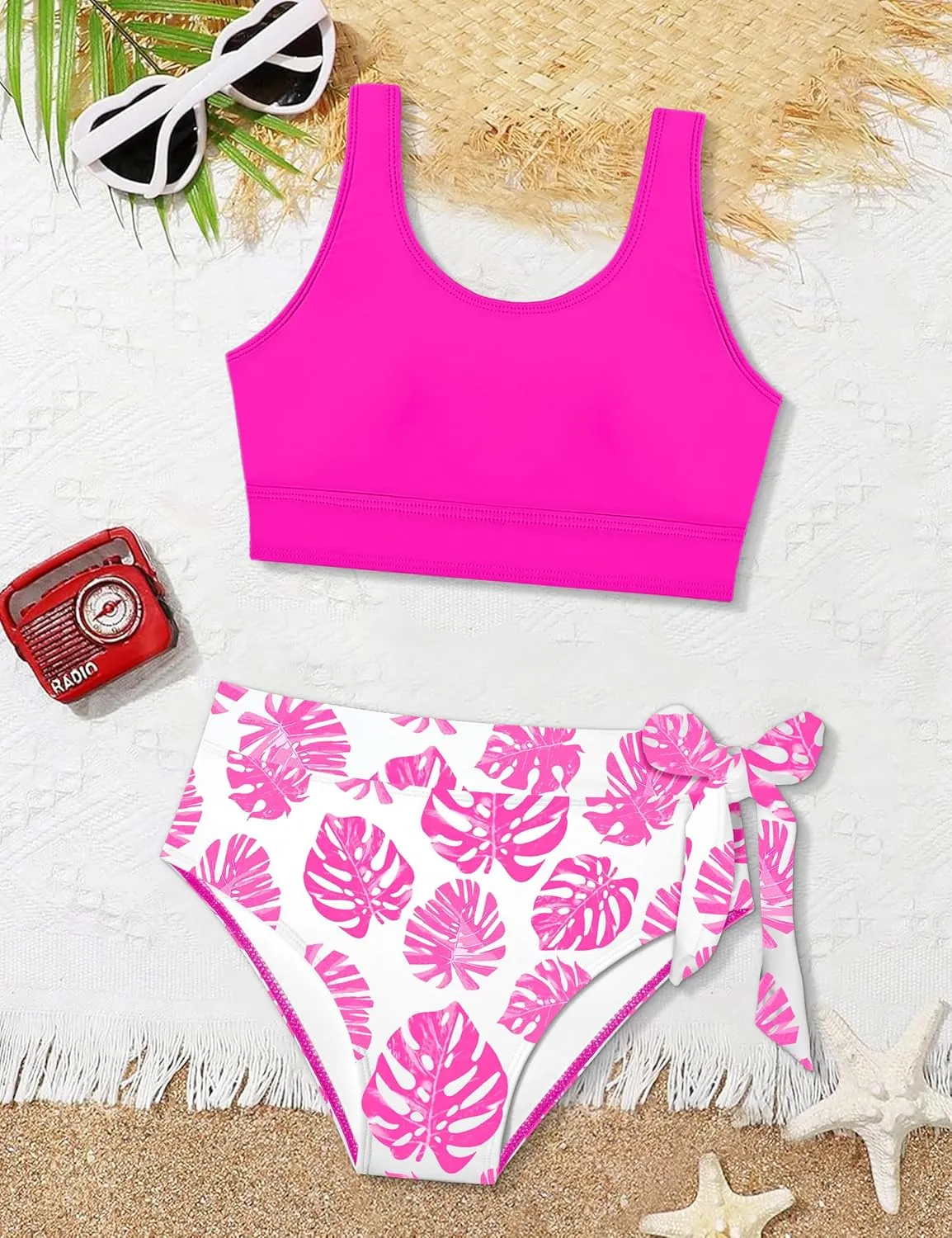 Girl Swimsuit Bikini Set Tropical Print Bathing Suit Two Piece Girls' Swimwear with Tie Side Knot 9-16T