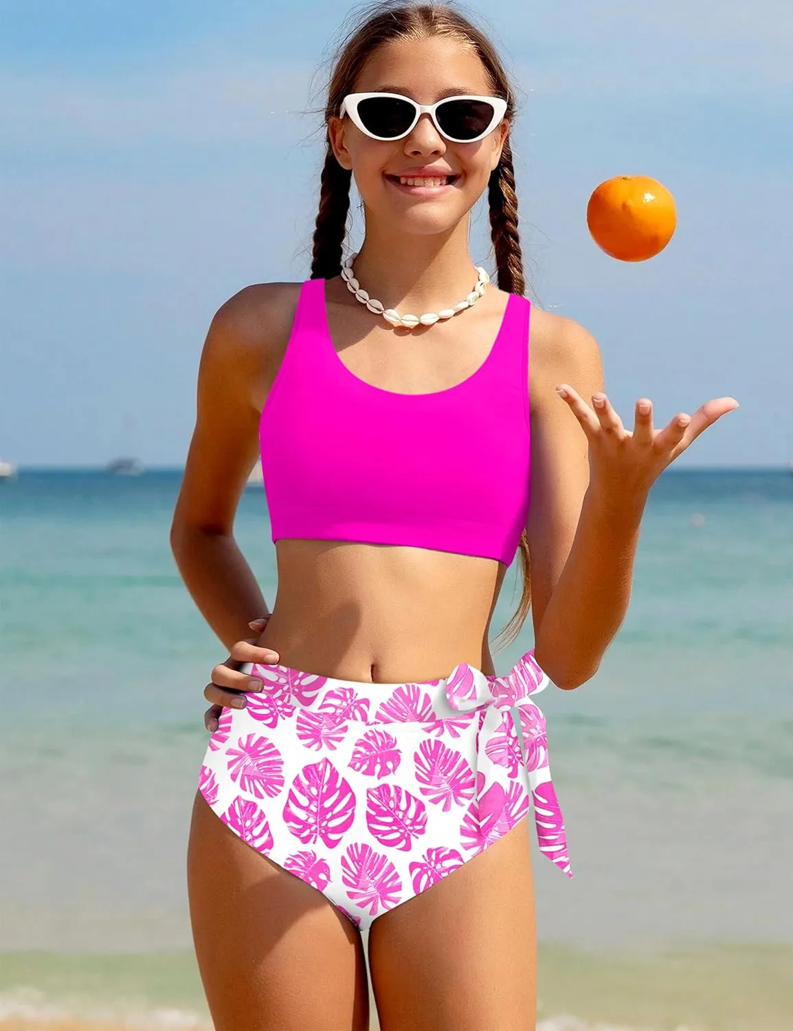 Girl Swimsuit Bikini Set Tropical Print Bathing Suit Two Piece Girls' Swimwear with Tie Side Knot 9-16T