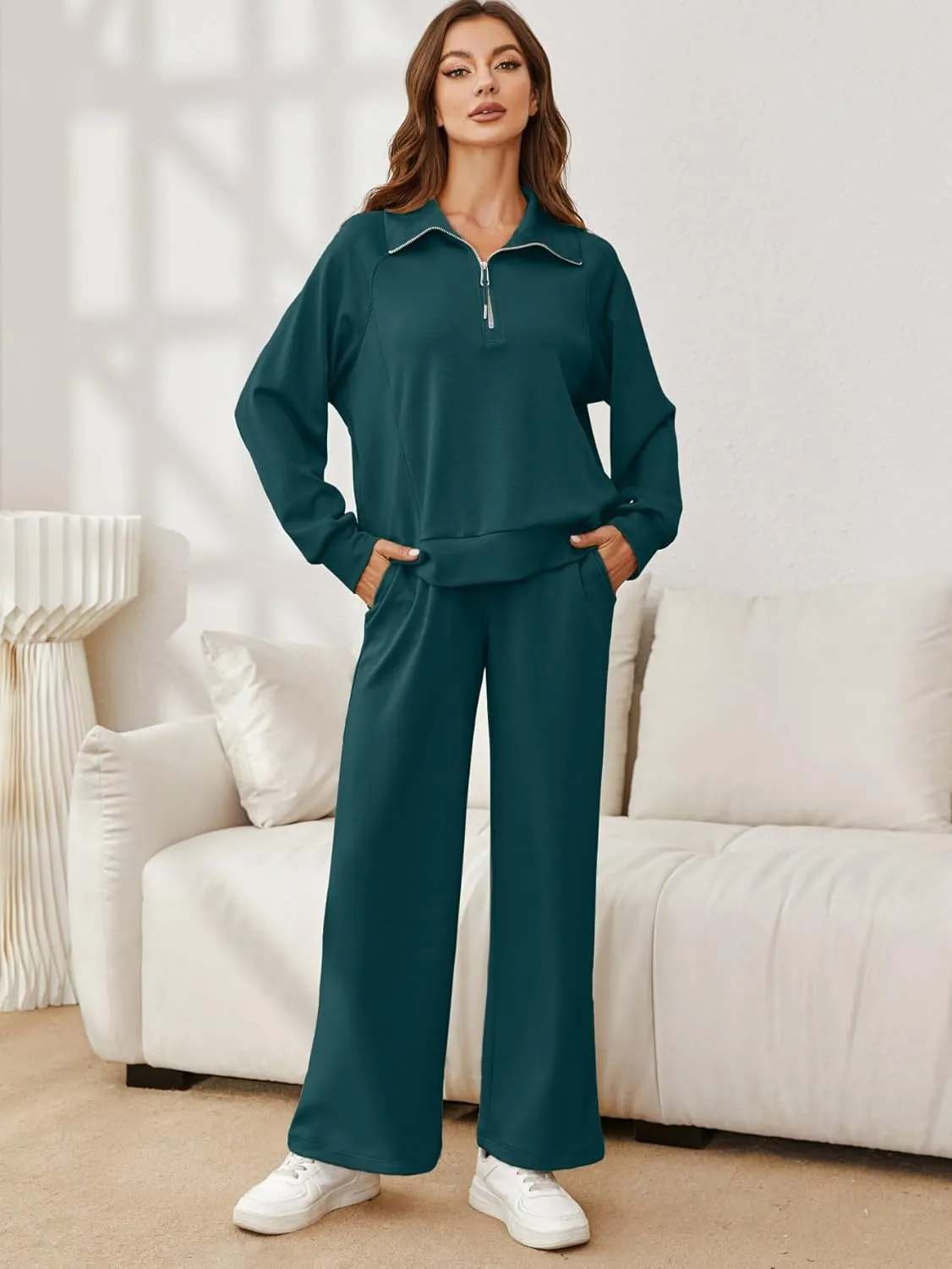Glamaker Womens 2 Piece Outfits Sweatsuit Set Oversized Half Zip Sweatshirt Wide Leg Sweatpants Lounge Set Tracksuit