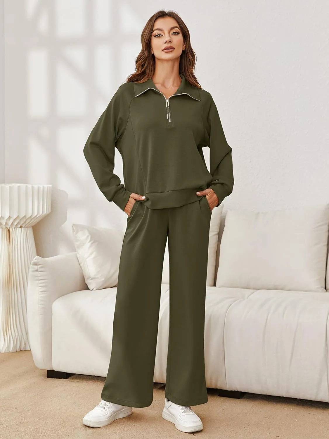 Glamaker Womens 2 Piece Outfits Sweatsuit Set Oversized Half Zip Sweatshirt Wide Leg Sweatpants Lounge Set Tracksuit