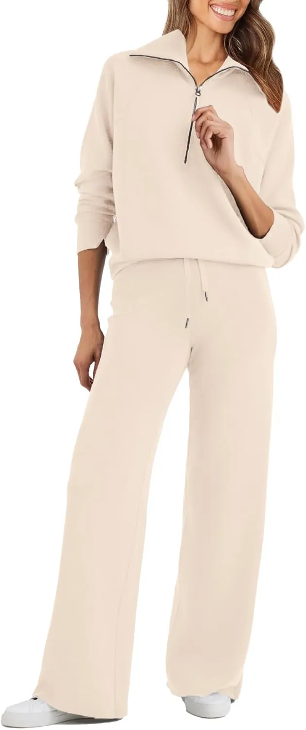 Glamaker Womens 2 Piece Outfits Sweatsuit Set Oversized Half Zip Sweatshirt Wide Leg Sweatpants Lounge Set Tracksuit