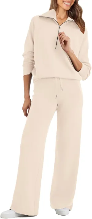 Glamaker Womens 2 Piece Outfits Sweatsuit Set Oversized Half Zip Sweatshirt Wide Leg Sweatpants Lounge Set Tracksuit