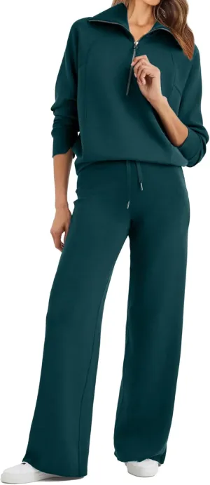 Glamaker Womens 2 Piece Outfits Sweatsuit Set Oversized Half Zip Sweatshirt Wide Leg Sweatpants Lounge Set Tracksuit