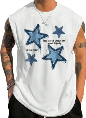 GORGLITTER Men's Star Letter Graphic Vest Top Crewneck Tank Tops Sleeveless Street Tops