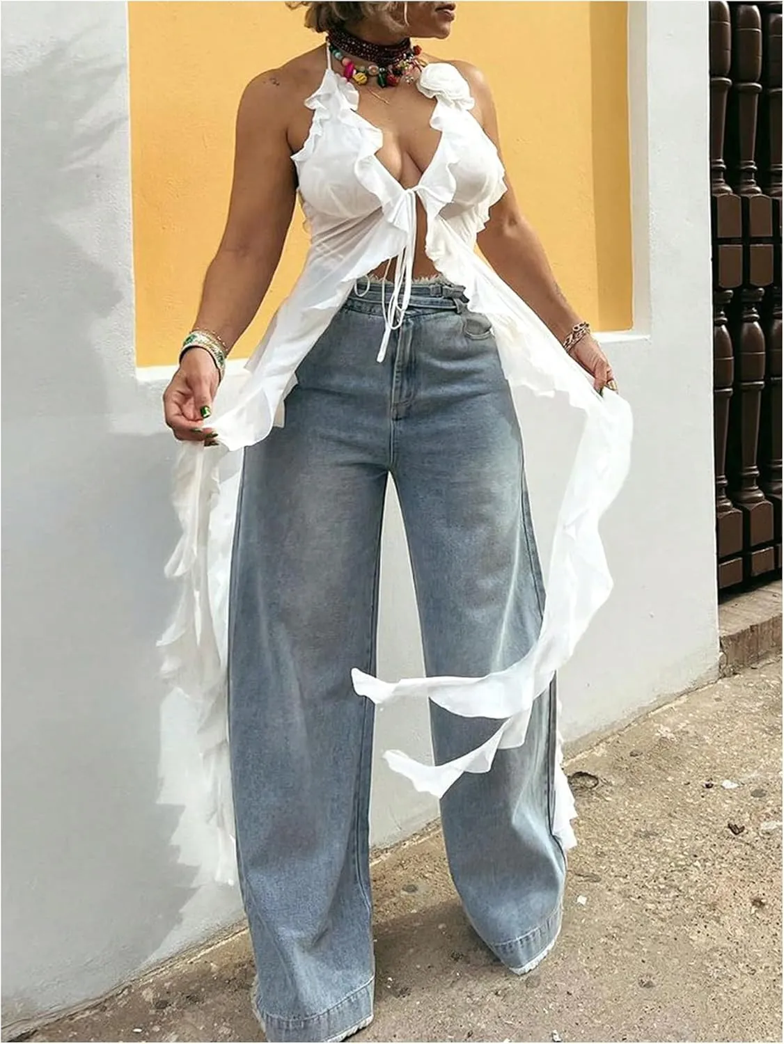 GORGLITTER Women's Flower Tie Front Halter Tops Y2K Ruffle Bow Sleeveless Open Back Fringe Going Out Tops 2025