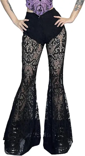 Gothic Bell Bottom Pants for Women Goth Grunge Black High Waisted Flare Leggings Boho Hippie Festival Outfits