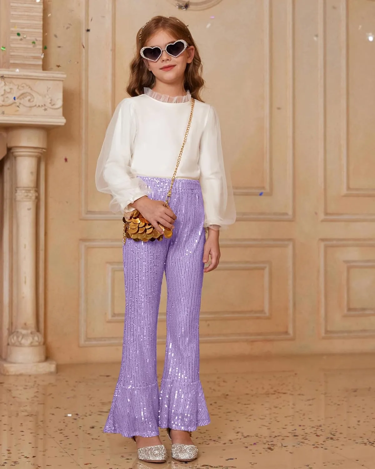GRACE KARIN Girls Sequin Pants Sparke Trouser Glitter Dance Bell Bottoms 5-14