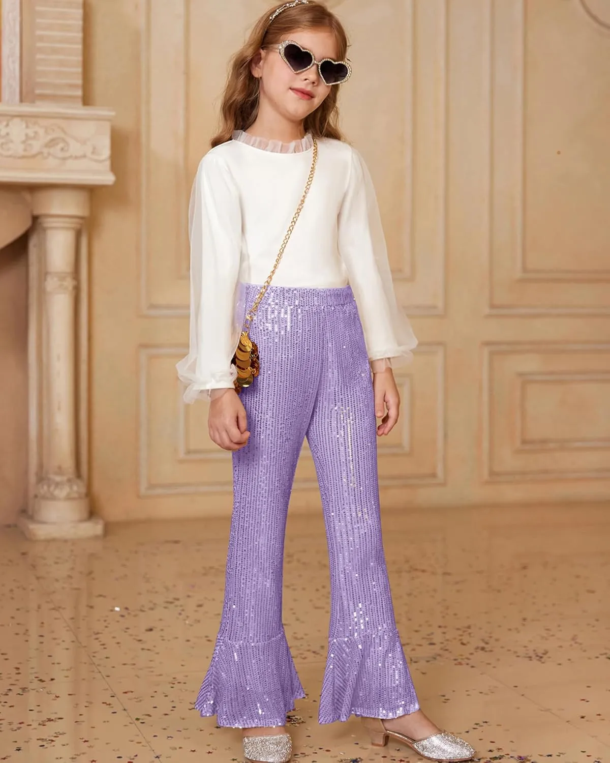 GRACE KARIN Girls Sequin Pants Sparke Trouser Glitter Dance Bell Bottoms 5-14