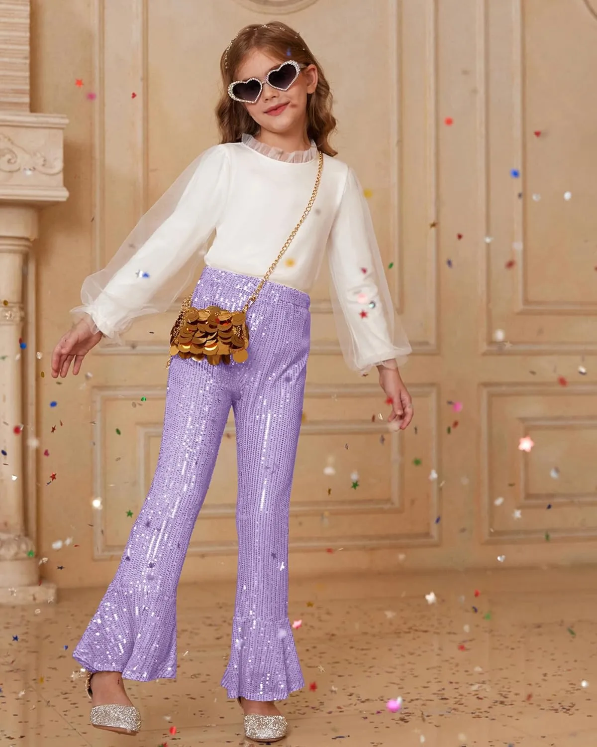 GRACE KARIN Girls Sequin Pants Sparke Trouser Glitter Dance Bell Bottoms 5-14