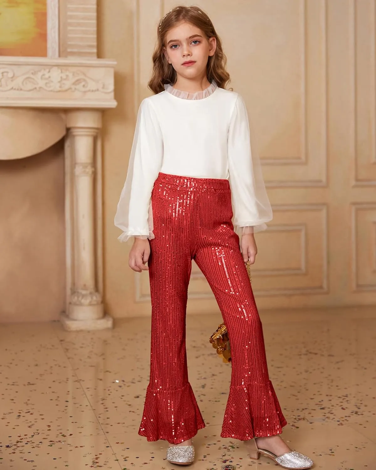 GRACE KARIN Girls Sequin Pants Sparke Trouser Glitter Dance Bell Bottoms 5-14