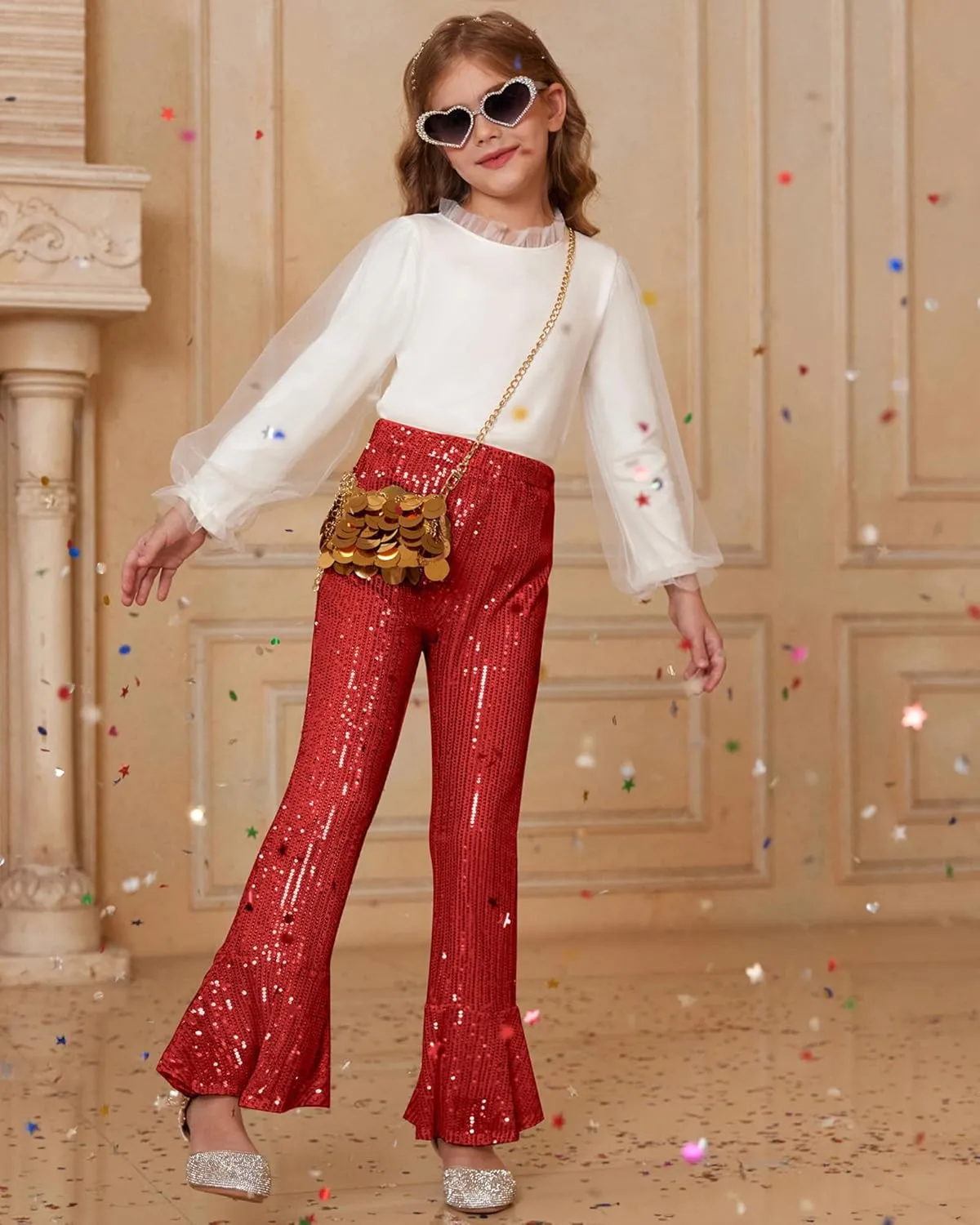 GRACE KARIN Girls Sequin Pants Sparke Trouser Glitter Dance Bell Bottoms 5-14