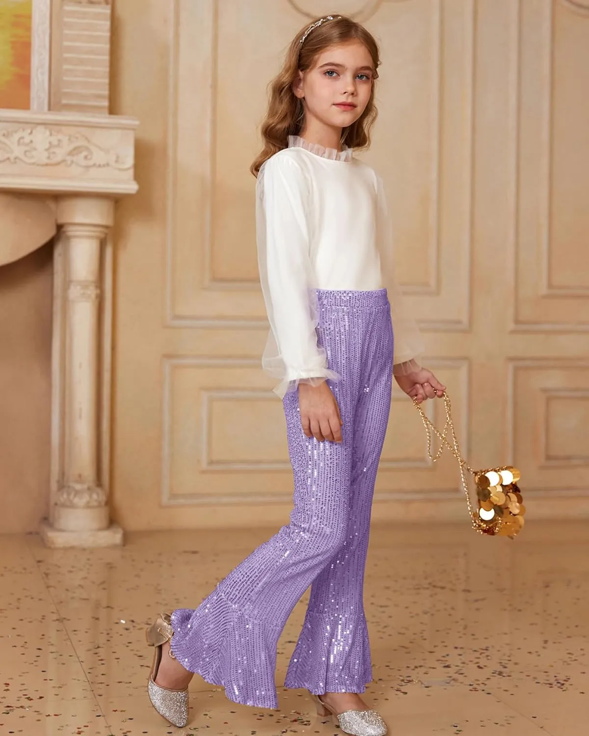 GRACE KARIN Girls Sequin Pants Sparke Trouser Glitter Dance Bell Bottoms 5-14