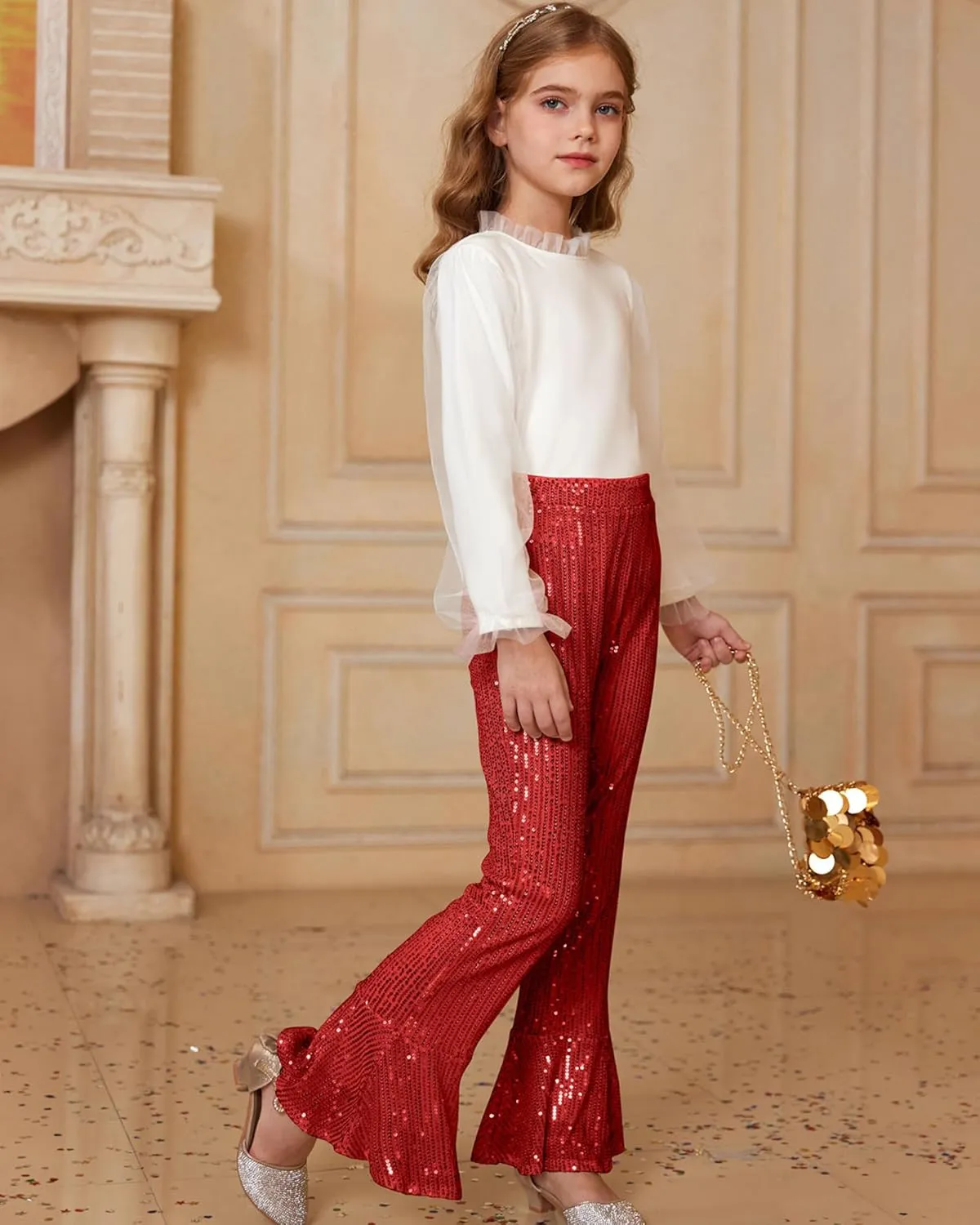 GRACE KARIN Girls Sequin Pants Sparke Trouser Glitter Dance Bell Bottoms 5-14