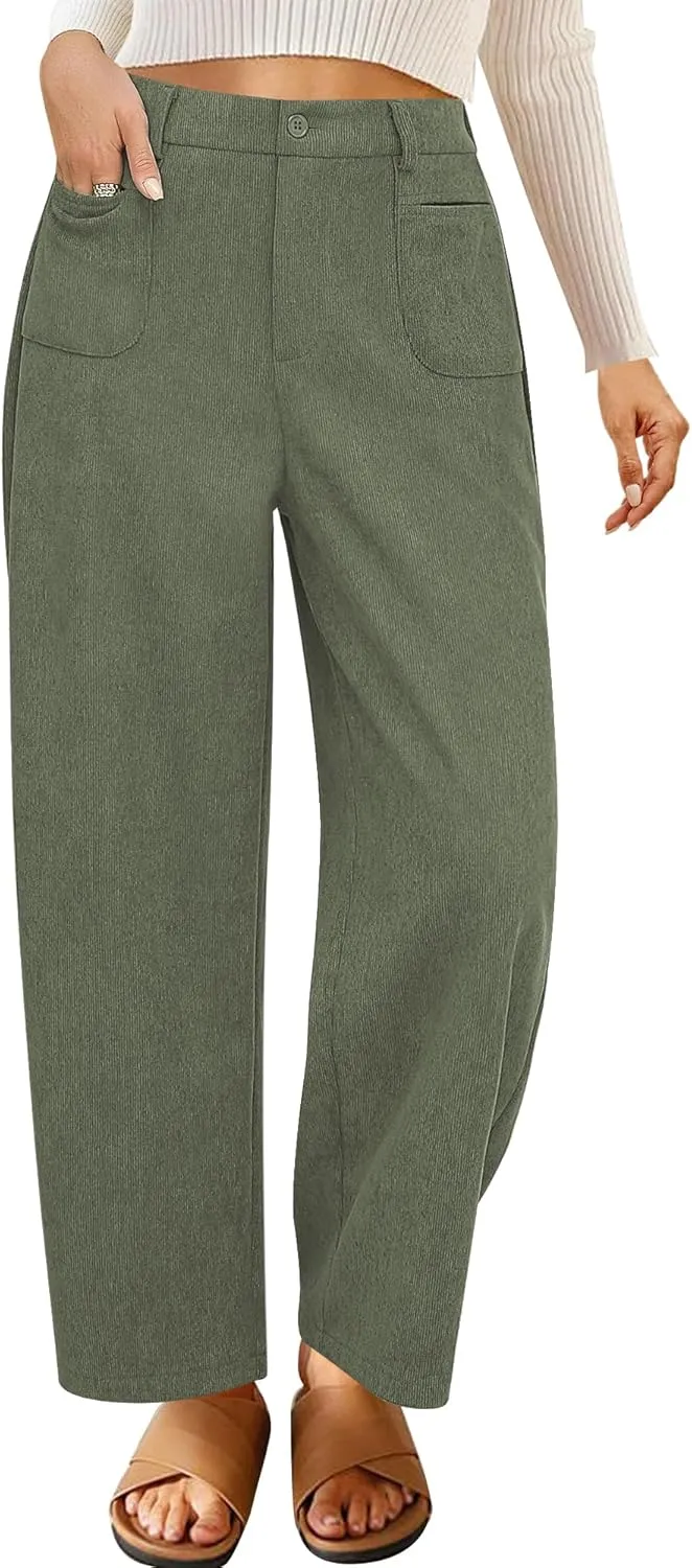 GRAPENT Barrel Pants for Women High Waisted Corduroy Elastic Waist Trendy Loose Casual Fall Trousers Pants with Pockets