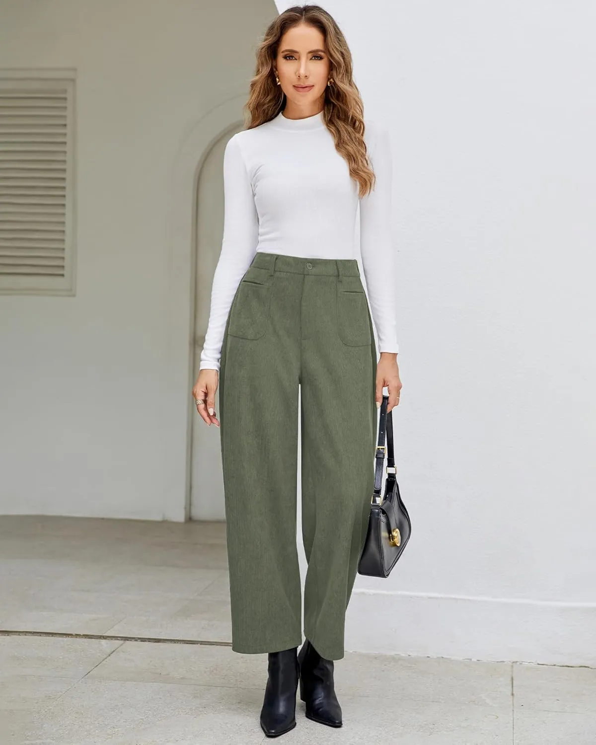 GRAPENT Barrel Pants for Women High Waisted Corduroy Elastic Waist Trendy Loose Casual Fall Trousers Pants with Pockets