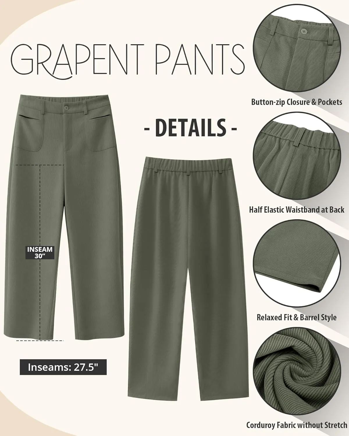 GRAPENT Barrel Pants for Women High Waisted Corduroy Elastic Waist Trendy Loose Casual Fall Trousers Pants with Pockets