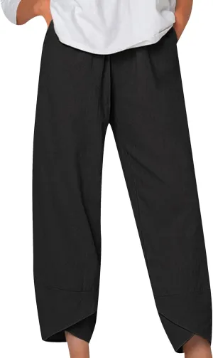 GRASWE Women Wide Leg High Waist Lounge Pants Cropped Solid Color Palazzo Trousers Loose Cotton Linen with Pockets Pants